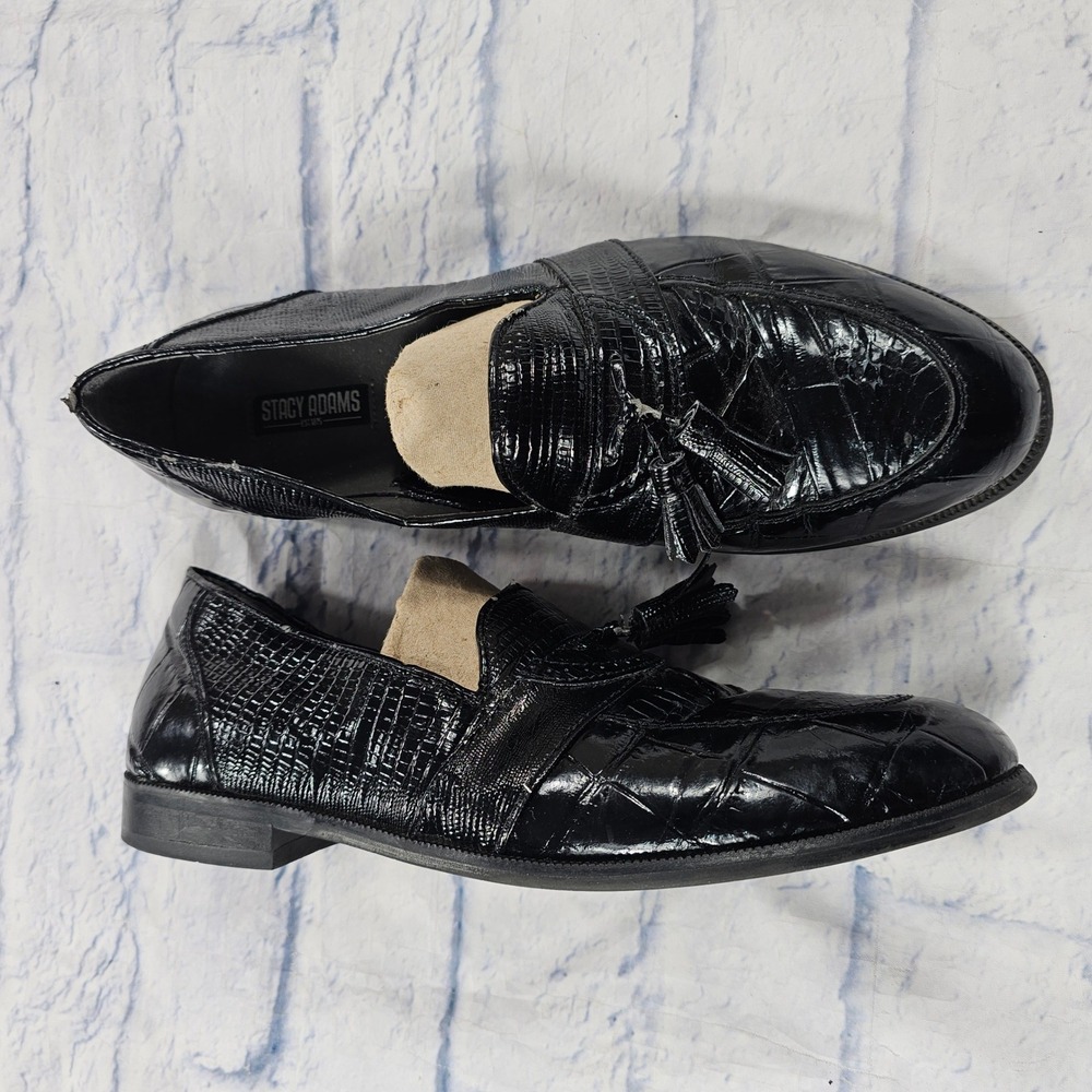 Stacy Adams Loafers Mens 10.5 Black Genuine Snake Leather Tassel Croc Embossed